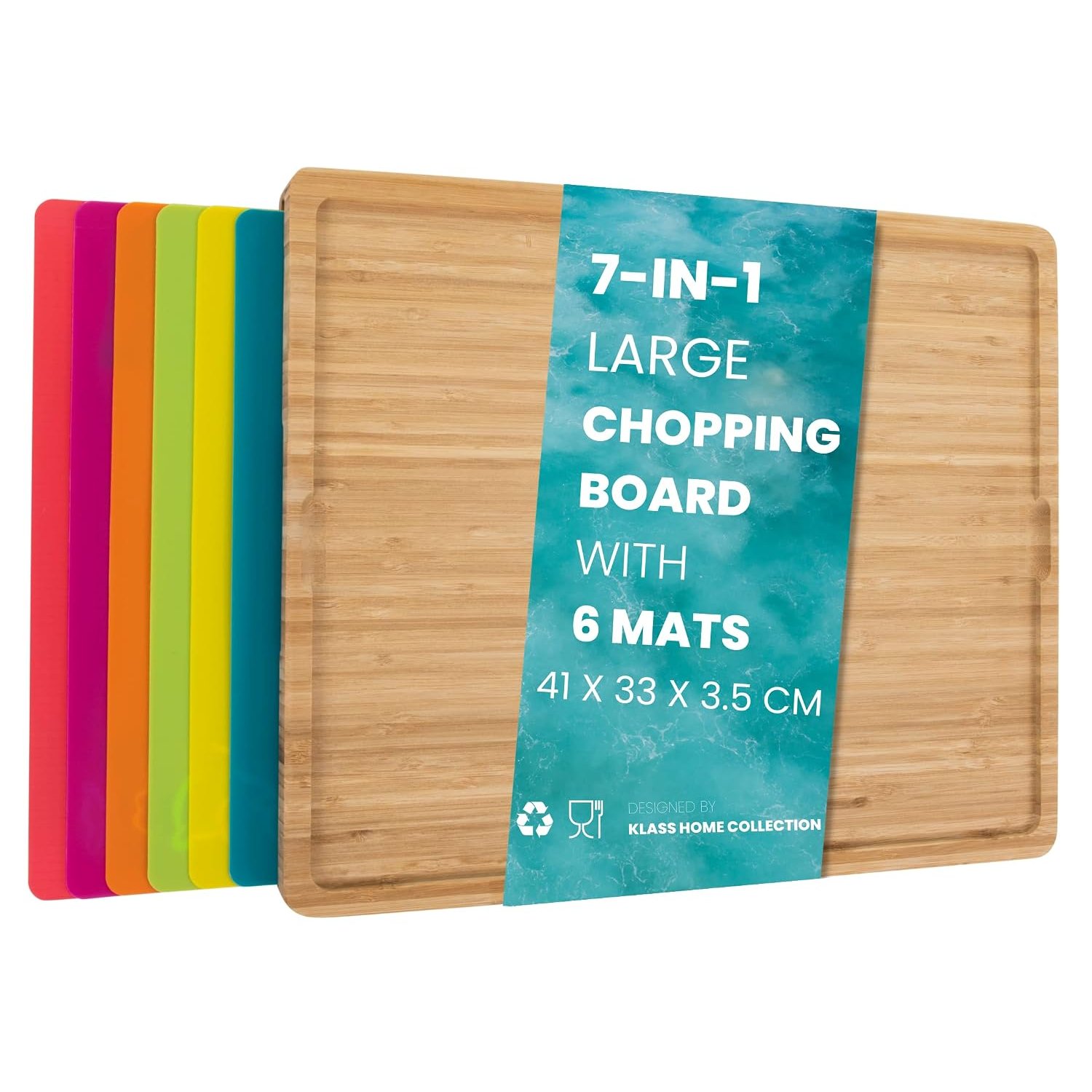 Klass Home Collection 7 in 1 Large Wooden Chopping Board Set with 6 Coloured PP Mats, Contamination Free Bamboo Cutting Boards for Kitchen with Integrated Plastic Mats for Cutting & Serving