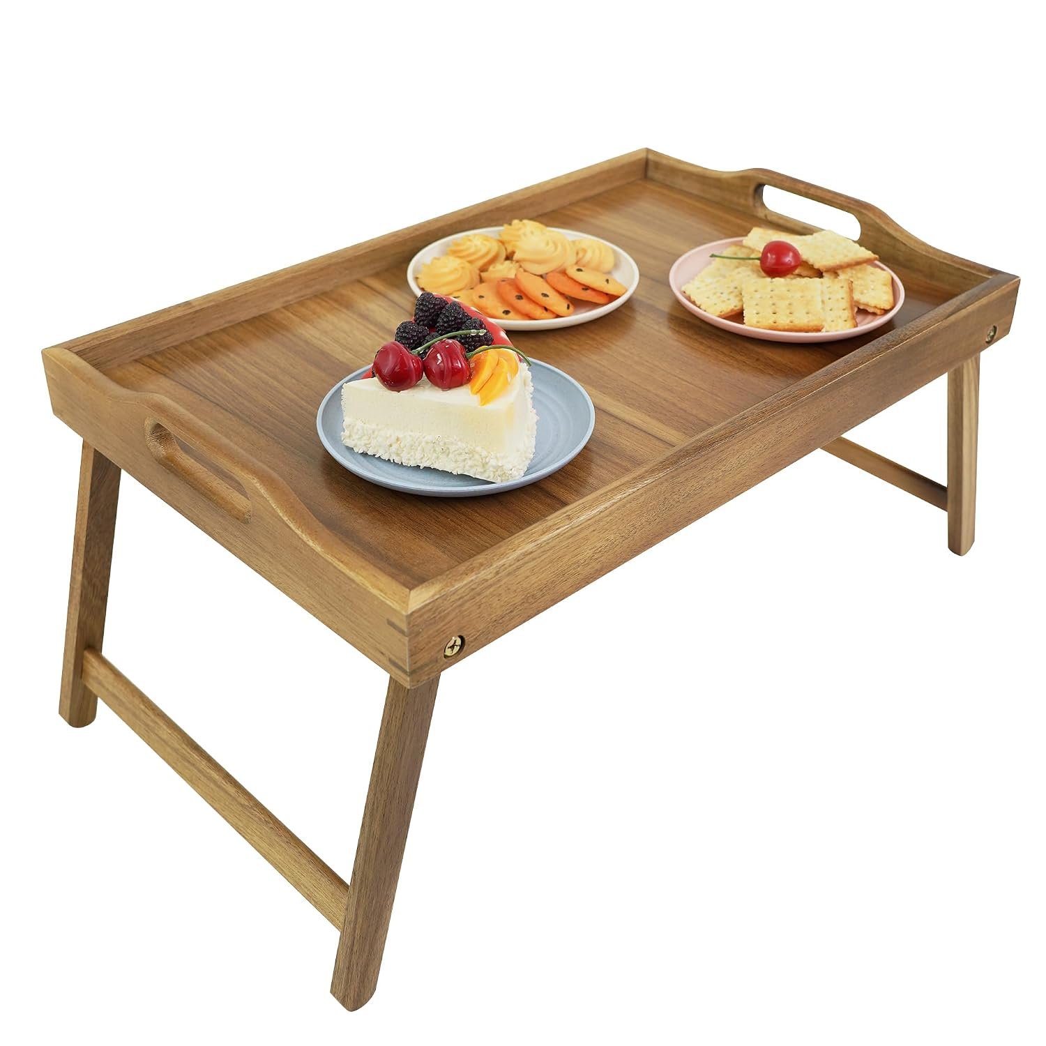 Utoplike Acacia Wood Bed Tray Table(51L x 33.2W x 25.4H cm), Large Food Tray with Folding Legs and Handles, Wood Serving Trays for Laptop Work in Bedroom, Livingroom Sofa