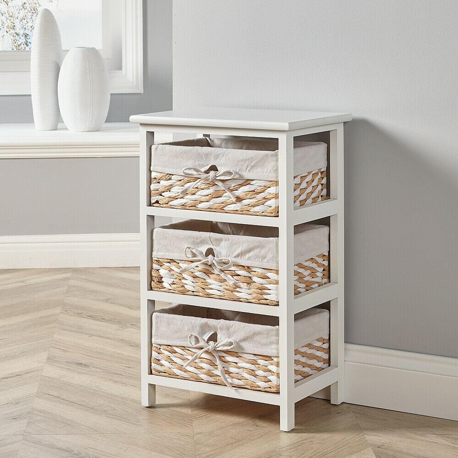 Home Source Storage Chest, Wooden Bedroom Hallway Cabinet, 3 Wicker Basket Drawers, White