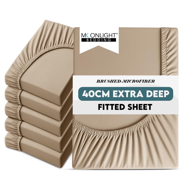 Moonlight Bedding Double Sheet Fitted Bed Sheet 6 Pack 40CM Beige Bedsheet with Elastic Corners 16 Inch Extra Deep Pocket Brushed Microfiber Easy Care Breathable Shrinkage Fade-Resistant