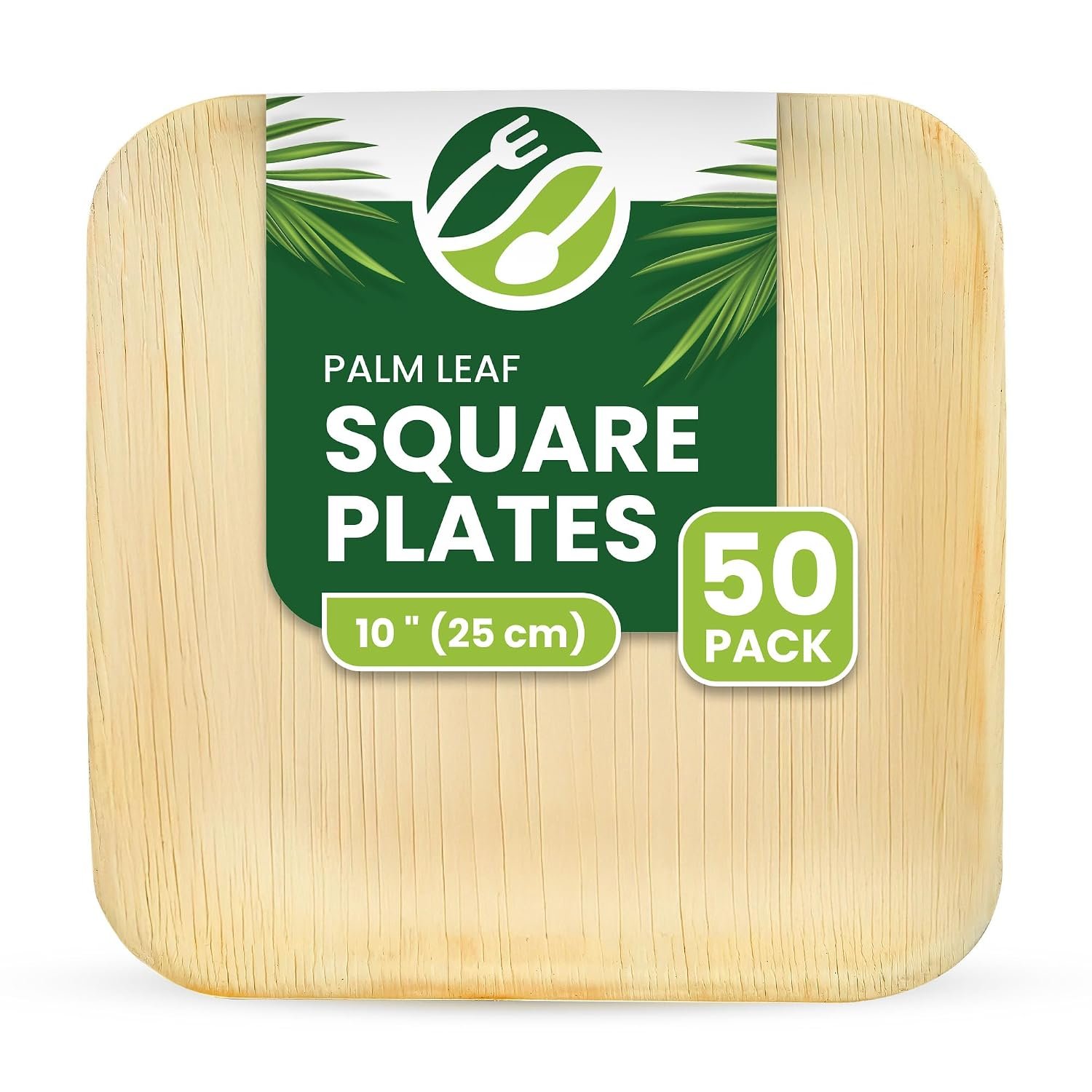 ECO Leaf 50 Disposable Palm Leaf Plates 10" (25cm) Large Square, Eco-Friendly, Biodegradable, Compostable, Durable, Oven Safe Bamboo Plates for Hot Food, Weddings, Picnics, and Parties