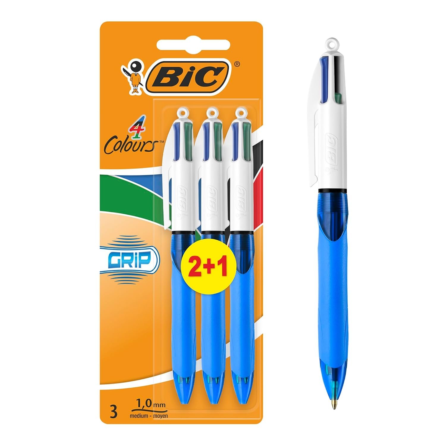 BIC 4 Colours Pens Multicolour Grip - 4 Colours Retractable Ballpoint Pens - Pack of 3
