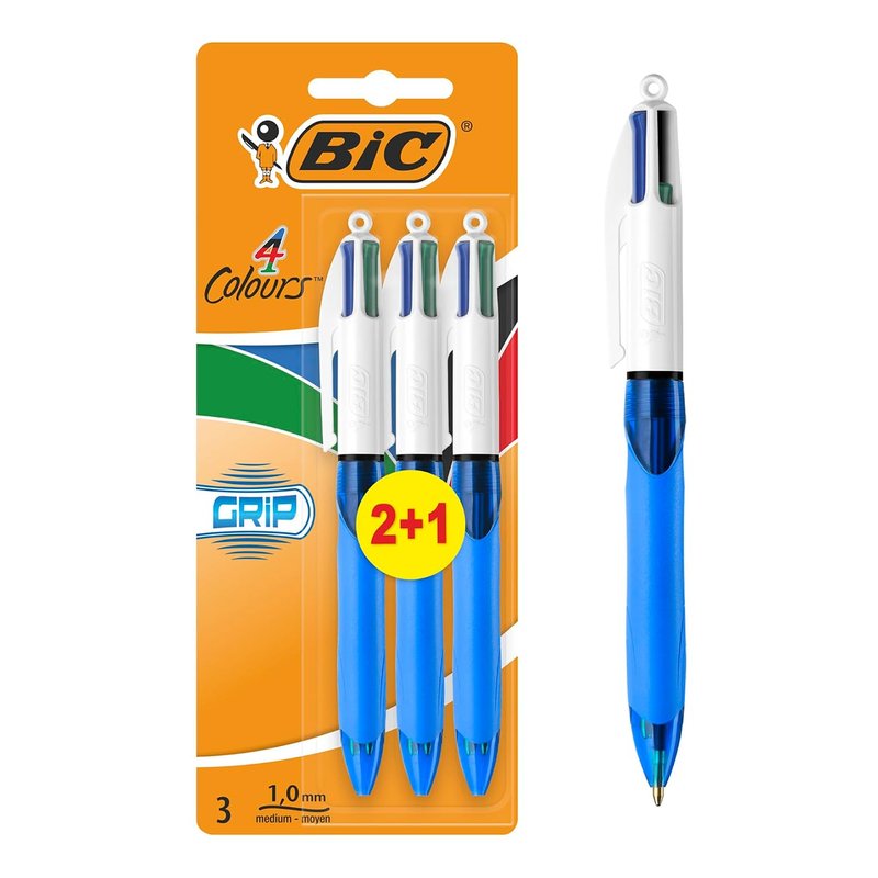 BIC 4 Colours Pens Multicolour Grip - 4 Colours Retractable Ballpoint Pens - Pack of 3