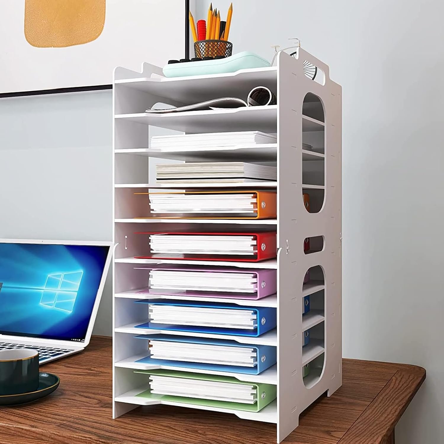 PUNCIA 10-Tier Paper Tray A4 Desk Tidy Organizer Desktop White Filing Holder Office Mail Letter Sorter Document Notebooks Storage Rack for Home Office School Classroom