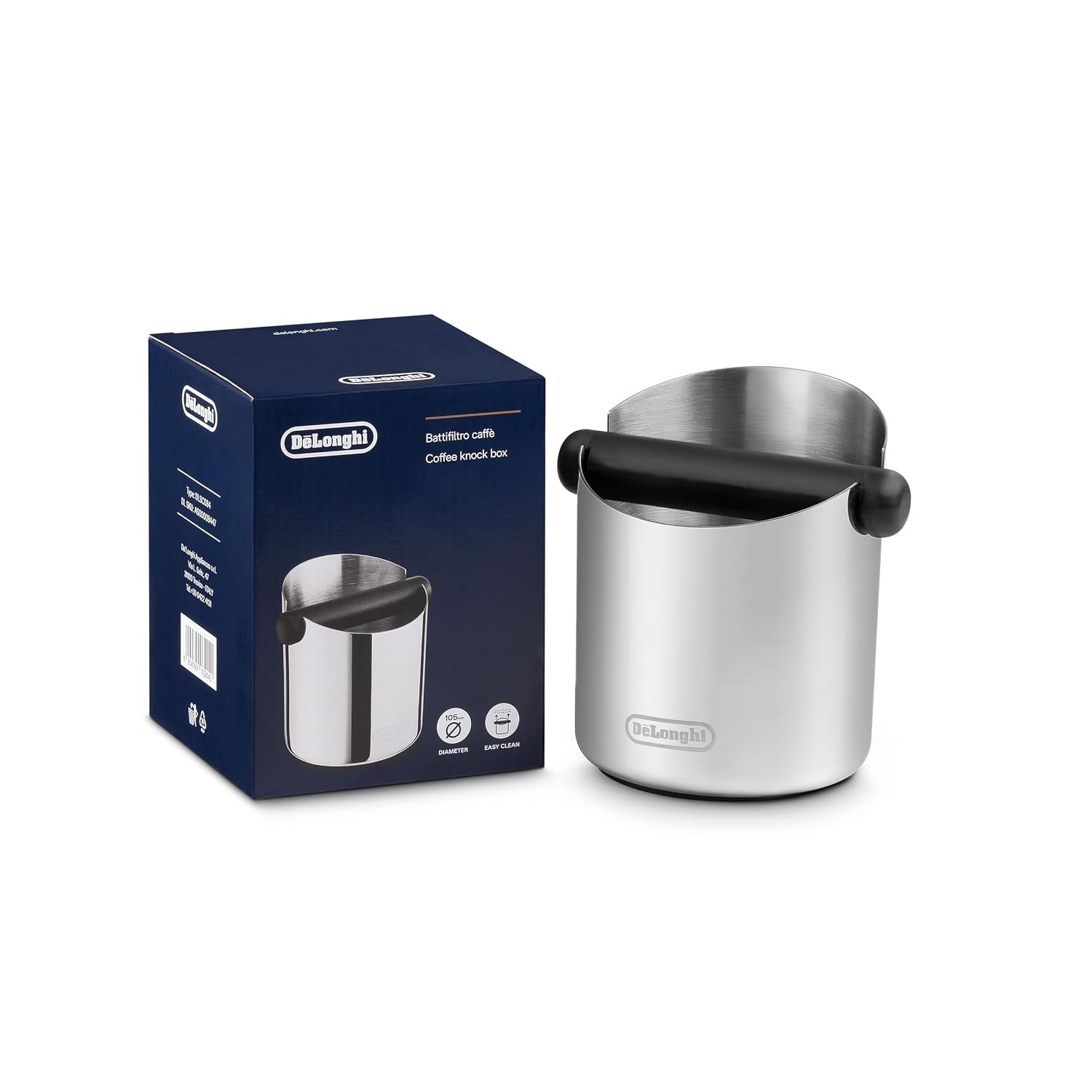 De’Longhi Coffee Knock Box – Stainless‑Steel Coffee Grounds Collector with Non‑Slip Rubber Base, Removable Bar, Strong & Stable Construction, Easy to Clean (DLSC084), Silver