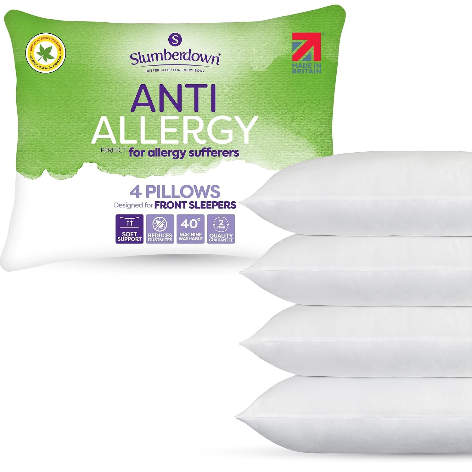 Slumberdown Anti Allergy Pillows 4 Pack - Allergy UK Approved Front Sleeper Soft Pillows for Allergy Sufferers | Anti Bacterial Soft Touch Cover, UK-Made & Washable (48 x 74cm)