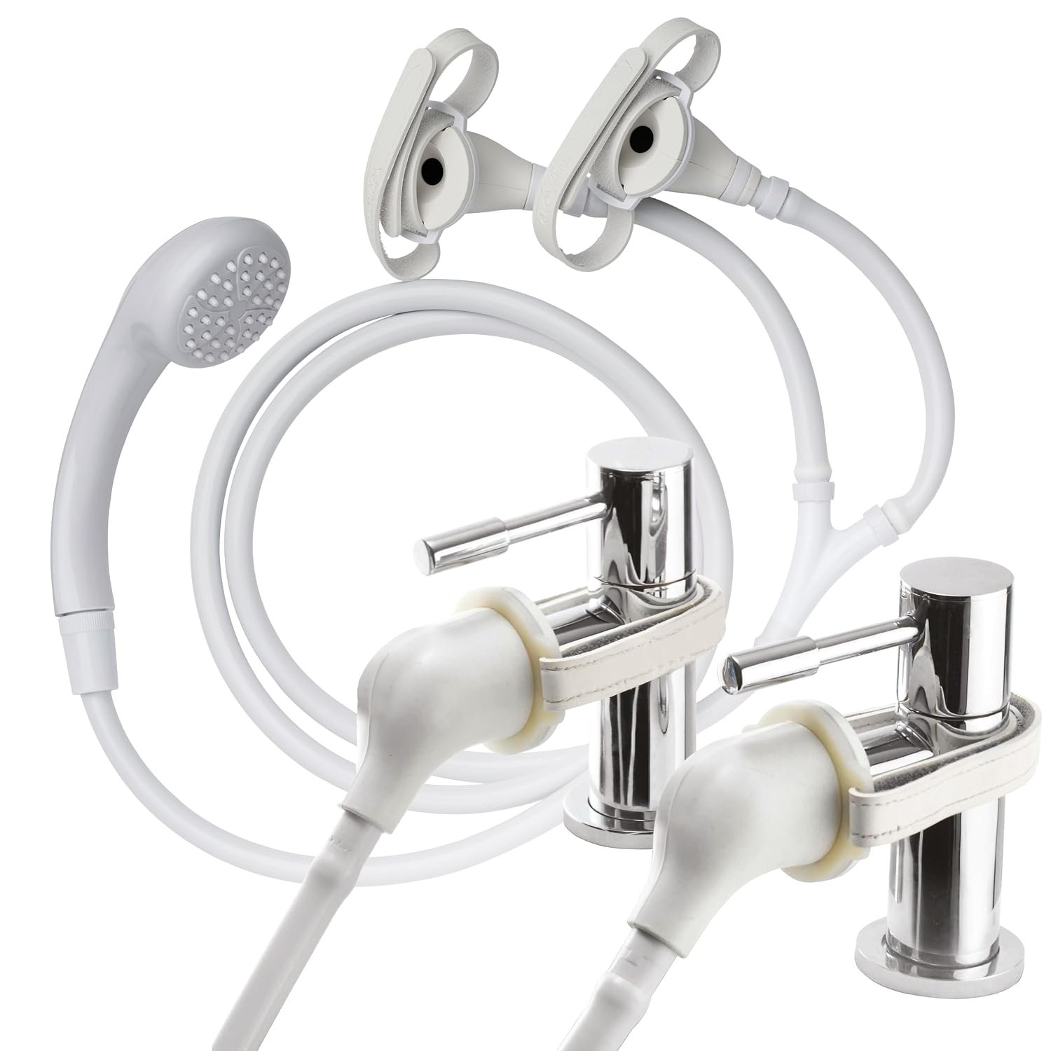 Croydex Secura Shower Head and Hose - Easy Install Push On Shower Attachment for Bath Taps with 1750mm Hose Length, Straps to Secure, Rub Clean Nozzles and Compatible with Low or High Pressure Systems