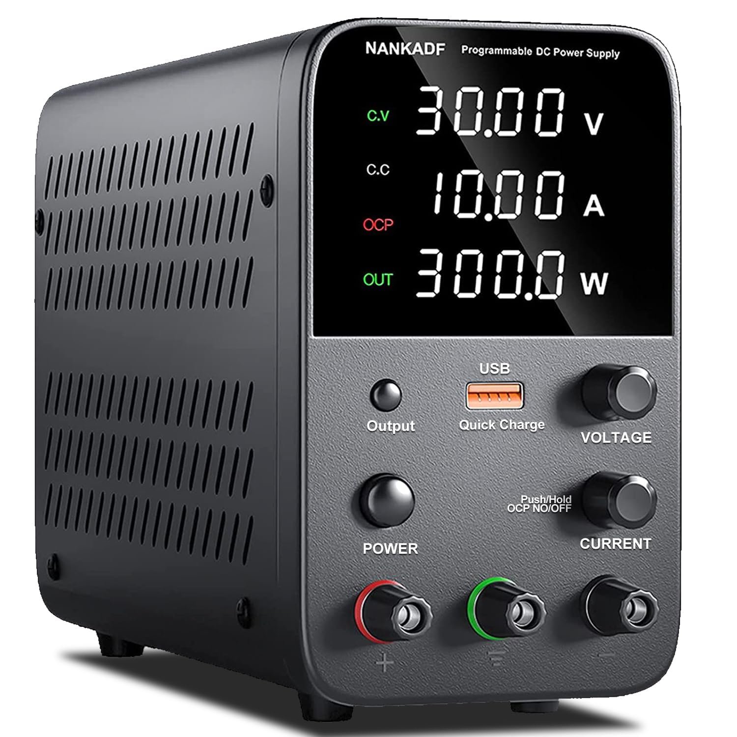 DC power supply (0-30V,0-10A) adjustable, switching power supplies, mini high precision 4-digit display with USB fast charging interface, variable lab bench power supply, output button/encoder knob