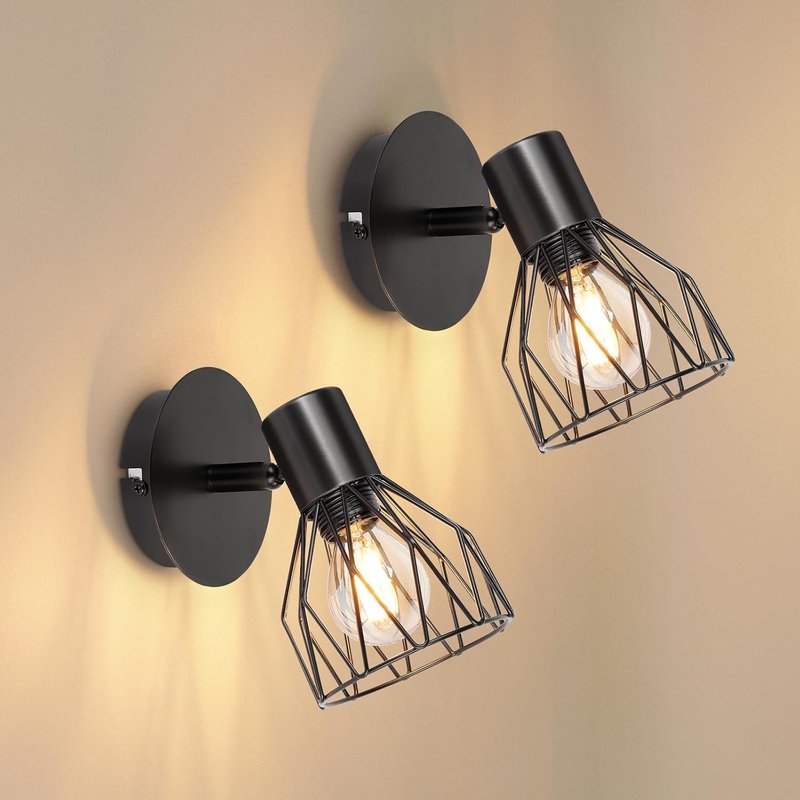 Dehobo Wall Lights Industrial with E14 Socket Adjustable Wire Cage Wall Light Shade Black Metal Sconce Wall Lamp for Indoor Home Living Room Bedroom Hallway Shop 2 Packs