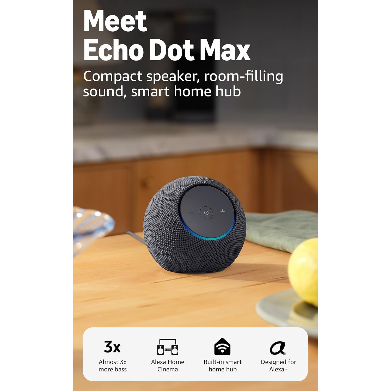 Amazon Echo Dot Max (newest gen), Bluetooth speaker with room-filling sound and built-in smart home hub, Graphite, with Alexa+ Early Access