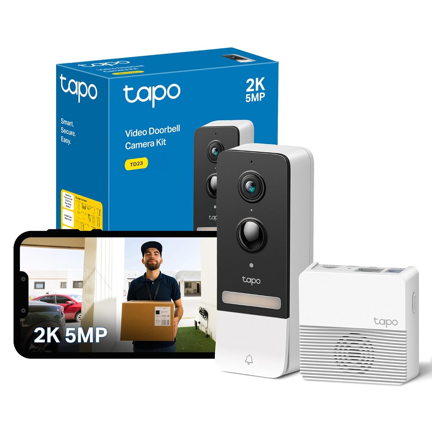 Tapo TD23 2K 5MP Battery Video Doorbell, No Monthly fee,160°Doorbell Camera Wireless,2 Way Audio,Long Battery Life,Ring Chime Included,Colour Night,Flexible Storage,IP54,APP Control,Alexa/Google