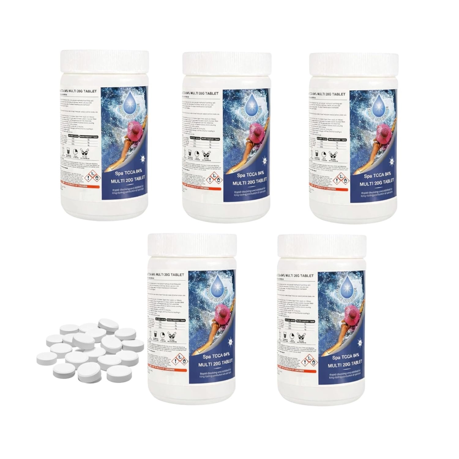 5 Kg Multifunctional Chlorine Tablets 250 x 20g Slow Release, 4 in 1 Sanitiser Stabiliser Algaecide and Clarifier Dispenser Tablets for Hot Tubs, Swimming Pools, Spas and Paddling Water Cleaning
