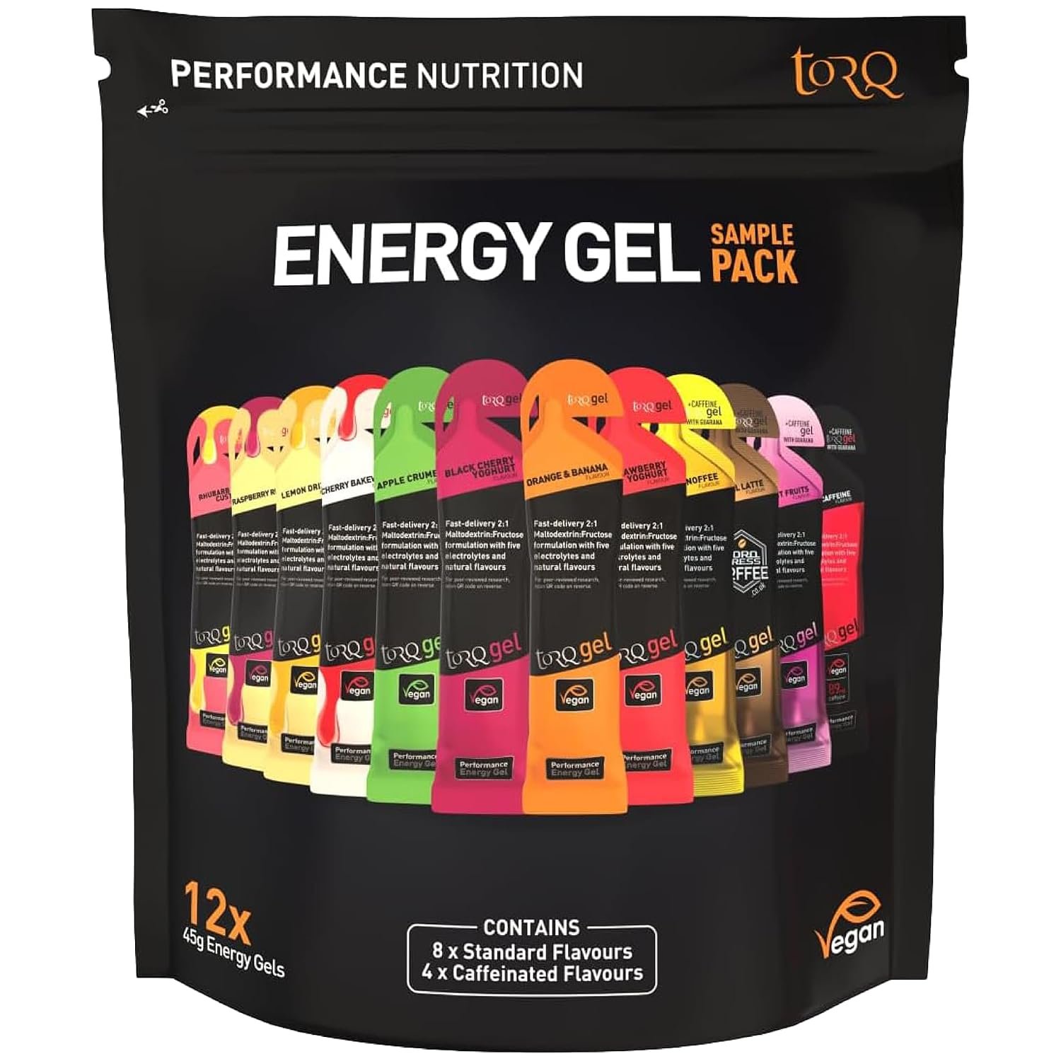 TORQ Running Gels with Caffeine & Electrolytes - 2:1 Maltodextrin: Fructose for Endurance Sports & Optimal Performance | Energy Gels for Running, Cycling & Sport - 89mg Guarana | 12 Pack Sample Box