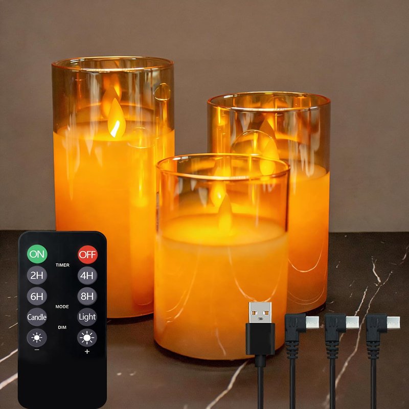 NICE POINT LED Flameless Candles,Rechargeable Flashing Pillar Real Wax Candle with Remote Control and Timer, Swingable Candle Wick, Gold Clear Glass Electronic Candles for Room Decor, Pack of 3