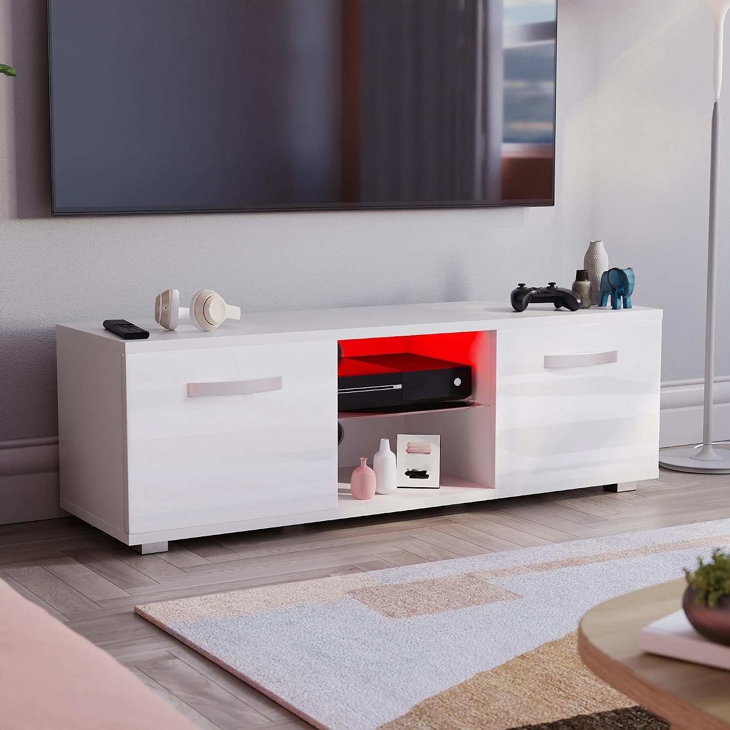 Vida Designs Cosmo LED TV Unit 2 Door Modern Gloss Matte MDF Living Room Cabinet Media Stand Furniture RGB Light White 120cm
