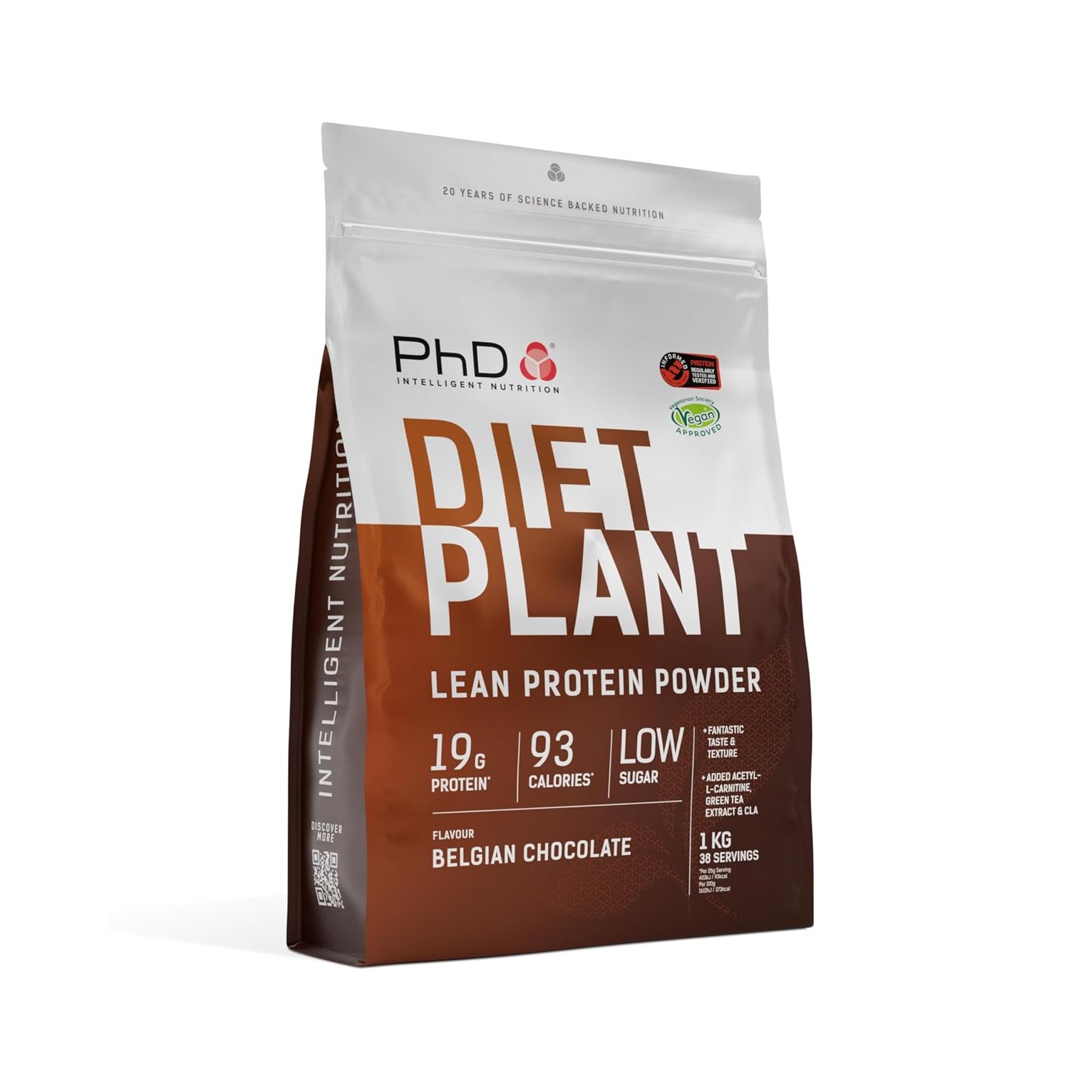 PhD Nutrition Diet Plant, High Protein Lean Matrix, Vegan Diet Protein Powder, Belgian Chocolate, 18g of Plant Protein, 40 Servings Per 1 kg Bag (Packaging May Vary)