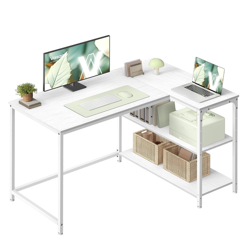 VASAGLE L Shaped Corner Desk, Computer Gaming Desk with Storage, Reversible Height-Adjustable Shelves, for Home Office, 110 x 80 cm, Maple White LWD135WF01