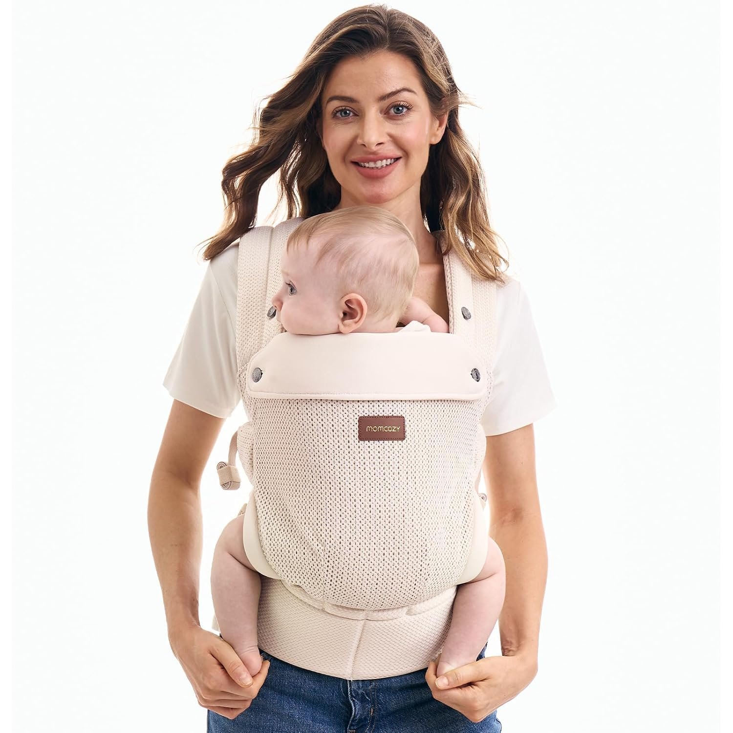 Momcozy Breathable Mesh Baby Carrier for 3–24 Months, Lightweight Ergonomic Cotton Carrier, Easy to Put On, Designed for Comfortable Hands-Free Carrying, Supportive Waist Design, Air Mesh-Apricot