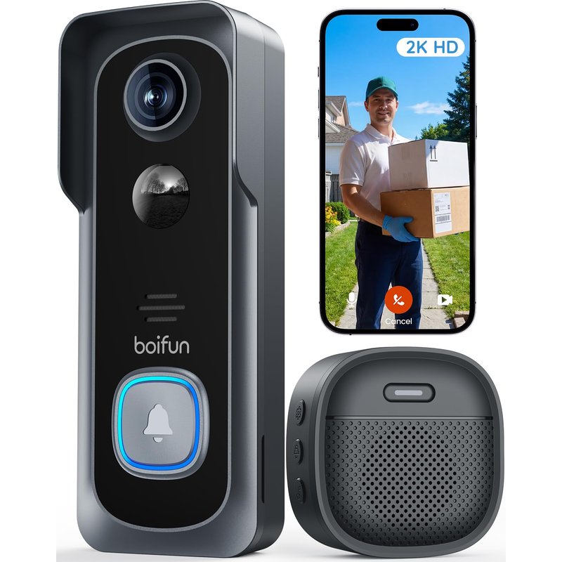 BOIFUN 2K Video Doorbell Camera Wireless, No Monthly Fee, Motion Detection, Two-way Talk, Clear Night Vision, Rechargeable Battery, Works with Alexa, SD Card & Cloud Storage, 2.4GHz