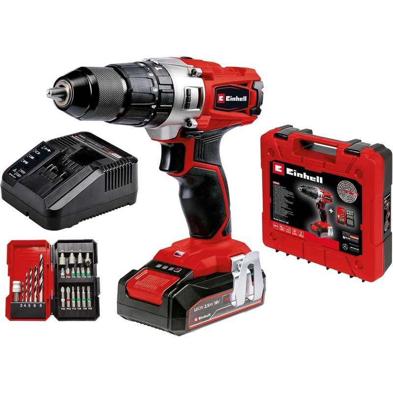 Einhell Cordless Drill Driver with Battery and Charger 18V Power X-Change, 44Nm, 3-in-1 Combi Drill, Hammer Drill and Screwdriver, with 22 Piece Drill Bit Set and Storage Case TE-CD 18/2 Li-i +22