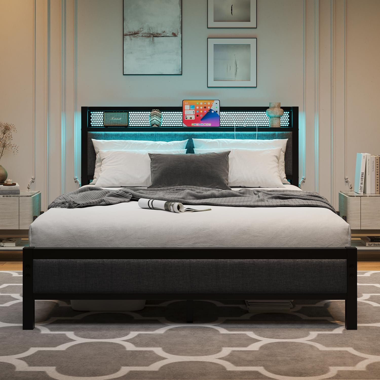 MOFLUT King Size Bed Frame with Upholstered Headboard, Wooden Storage Headboard Shelf, 5ft Upholstered Bed Frame Kingsize with Charging Station/USB Ports and LED Lights (Gray King Bed)
