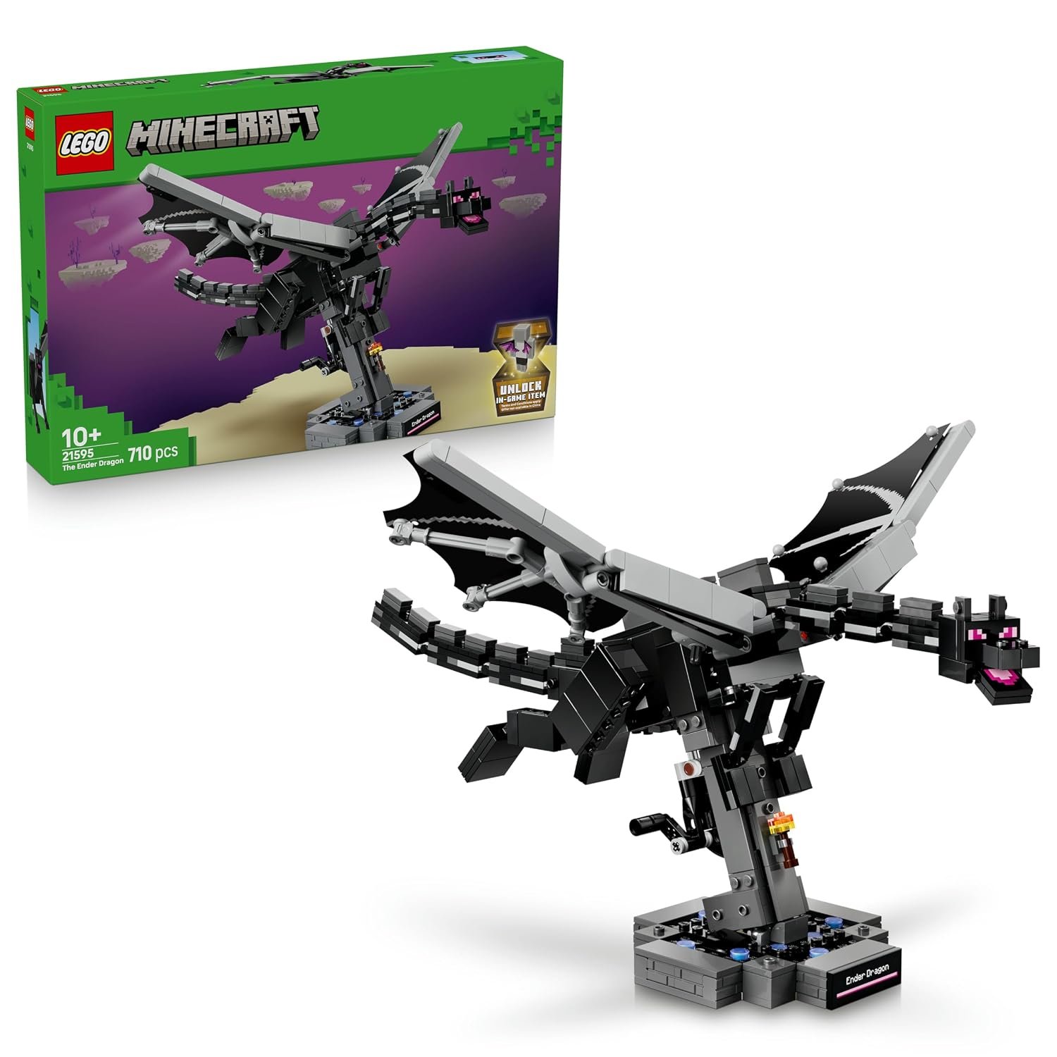 LEGO Minecraft The Ender Dragon Figure - Interactive Toy w/Flapping Foil Wings & Exit Portal Stand for Kids' Bedroom Decor - Gaming Gift for 10+ Year Old Boys, Girls & Fans - 21595