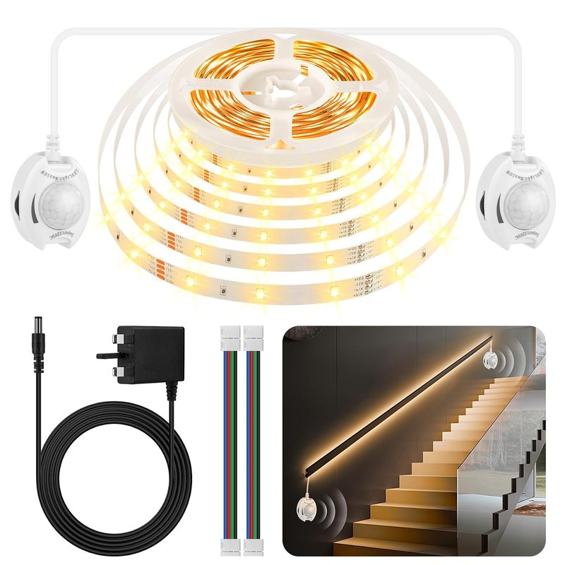 Taormey Motion Sensor LED Strip Under Bed Lights, 6 Meters Warm White LED Light Strip with Two Motion Sensors for Bedside, 12V Dimmable Motion Activated LED Strip for Under Cabinet Stair Closet