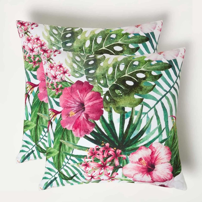 HOMESCAPES Set of 2 Outdoor Cushions Waterproof, Tropical Green & Pink Filled Garden Cushion, Hypoallergenic Polyester, Decorative Pillows for Indoor & Outdoor Patio, Benches & Sofa -45x45cm