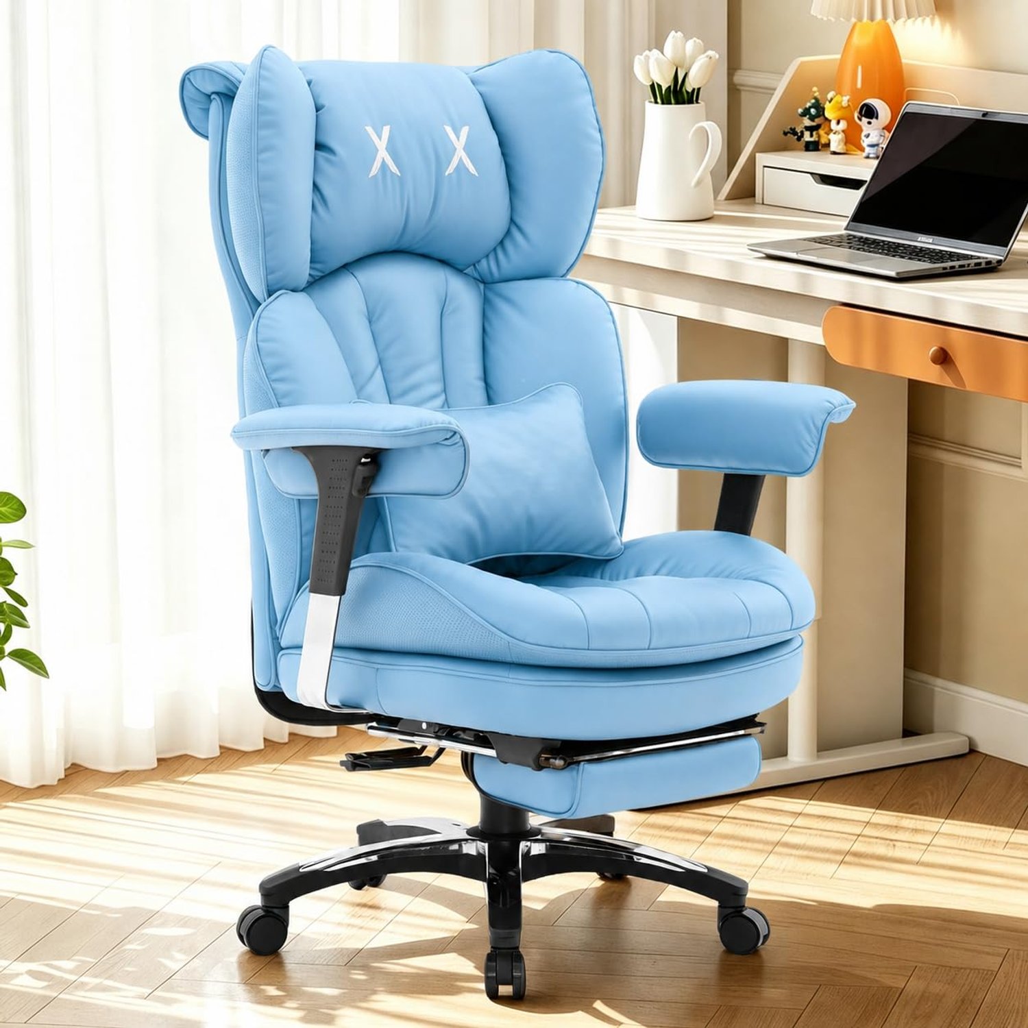 Efomao Desk Office Chair, Heavy Duty 200kg Big and Tall Executive Computer Chair, Unique XX Embroidery Ergonomic High Back PU Leather Chair with Retractable Footrest, Light Blue