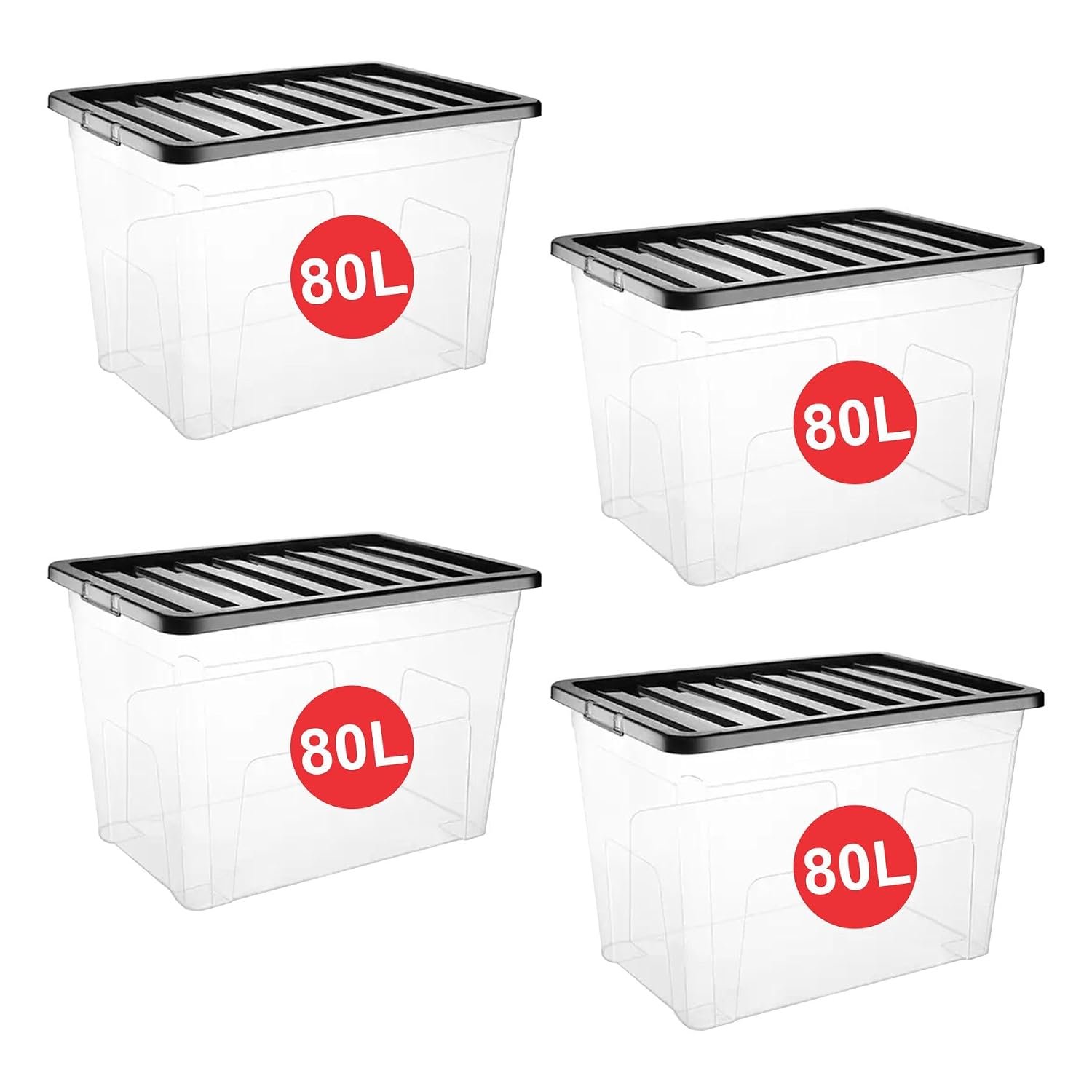 RelianceUK 4 X 80L Large Plastic Storage Box with Black Lid - Strong Stackable Storage Boxes 80 Litres - Home, Office, Kitchen, Nestable Storage Containers | Made in UK (80 Litre / 4 Pack)