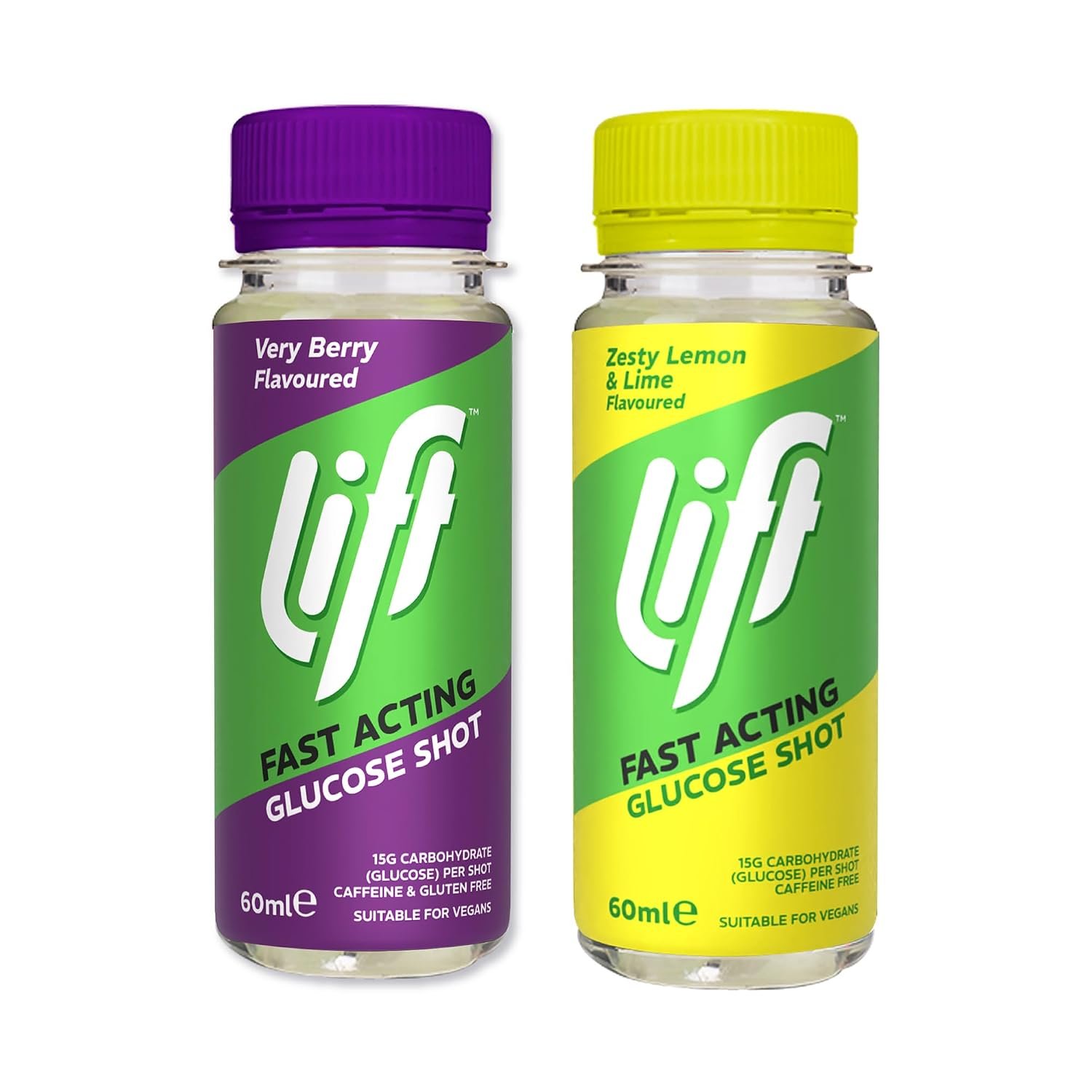 Lift Fast-Acting Glucose Energy Juice Shots, Very Berry & Lemon & Lime, 12 Pack of 60 ml Bottles, 2 Pack