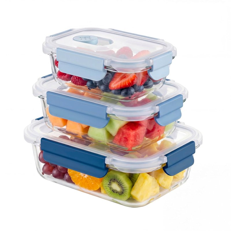 Amig - Set of 3 Airtight Glass Containers - 370ml, 640ml, 1050ml - Transparent - Polypropylene Lid - Suitable for Storing, Transporting, and Heating Food - Mod. 700