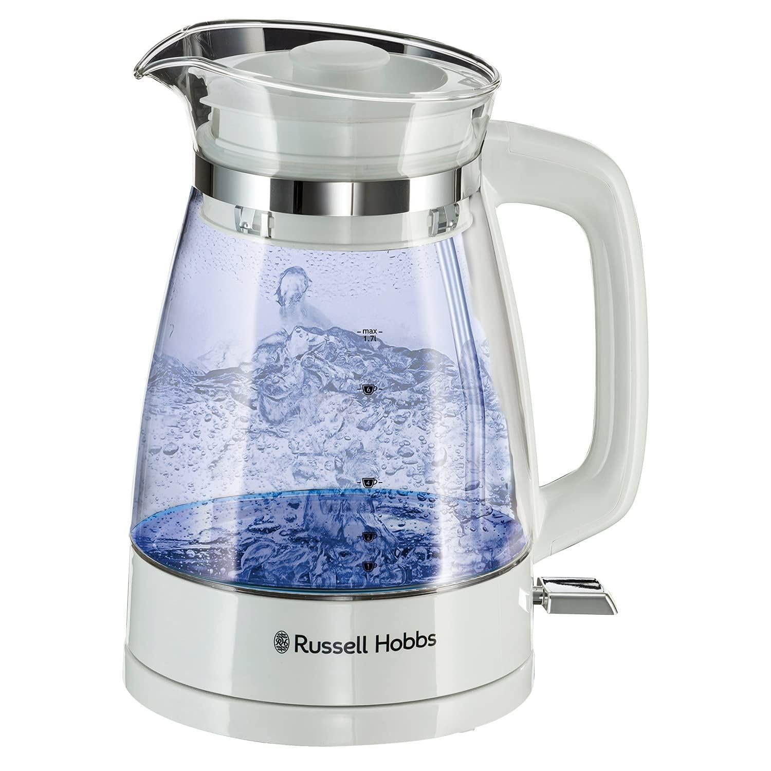 Russell Hobbs Carafe Style 1.7L Cordless Electric Glass Kettle with white handle, lid & base and blue internal illumination (Fast boil, 3KW, Anti-scale filter, Pull off lid, unique glass spout) 26081