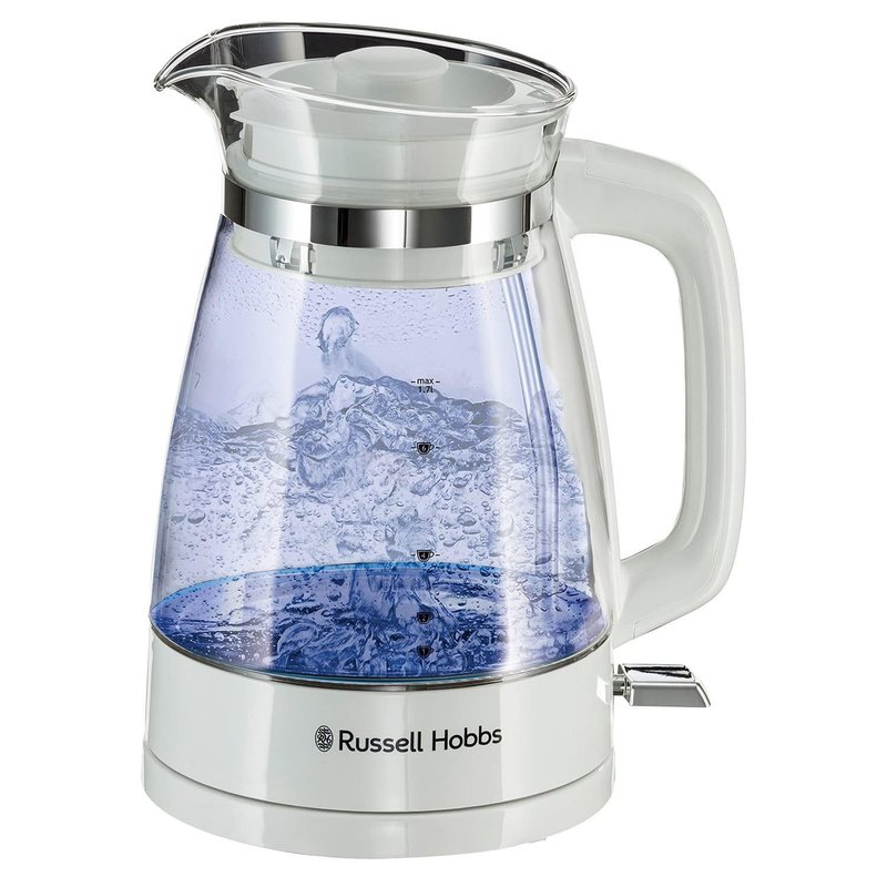 Russell Hobbs Carafe Style 1.7L Cordless Electric Glass Kettle with white handle, lid & base and blue internal illumination (Fast boil, 3KW, Anti-scale filter, Pull off lid, unique glass spout) 26081