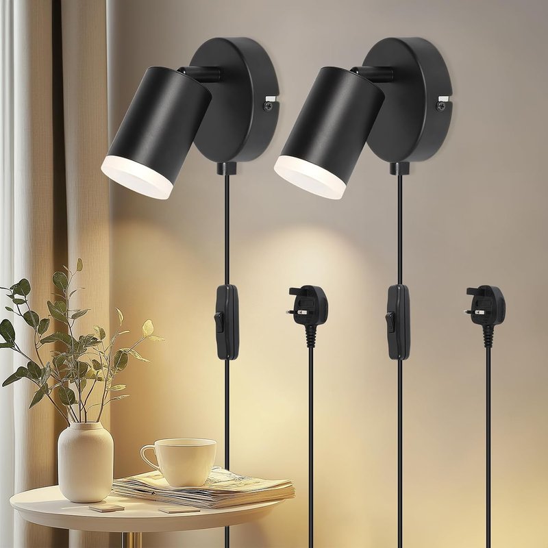 Dehobo Wall Light with Switch, Plug in Wall Spot Lamps GU10 Adjustable Wall Mounted Lights Aluminum for Bedroom Reading Room Cupboard Kitchen Desk Picture, No Bulb, 2 Pack
