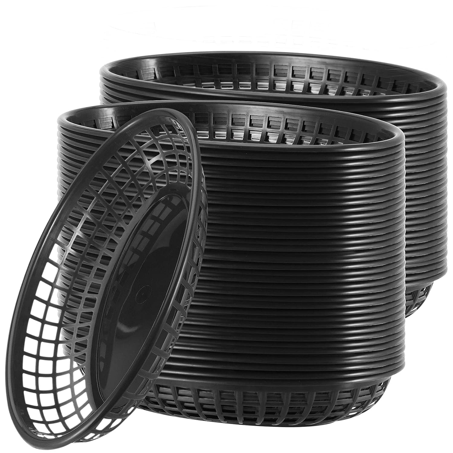 MUKCHAP 60 PCS Black Oval Plastic Fast Food Basket, 23 x 14.5 x 4cm Plastic Food Serving Baskets for Chip Sandwiches Burgers