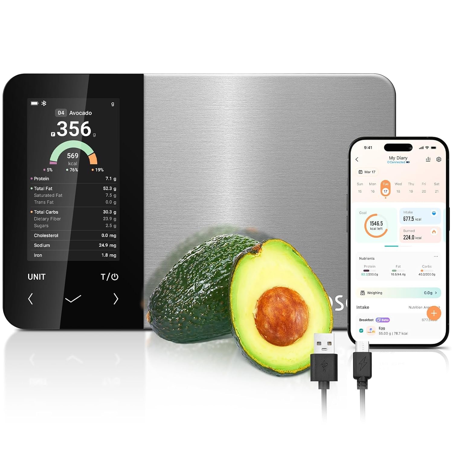 Cosori Smart Kitchen Food Scales, Free App with Extensive UK Food Database, Premium Calorie Counting Scale, Clear Color Display, AI Scan, Track 19 Nutrients, USB-C, Offline Mode, Stainless Steel