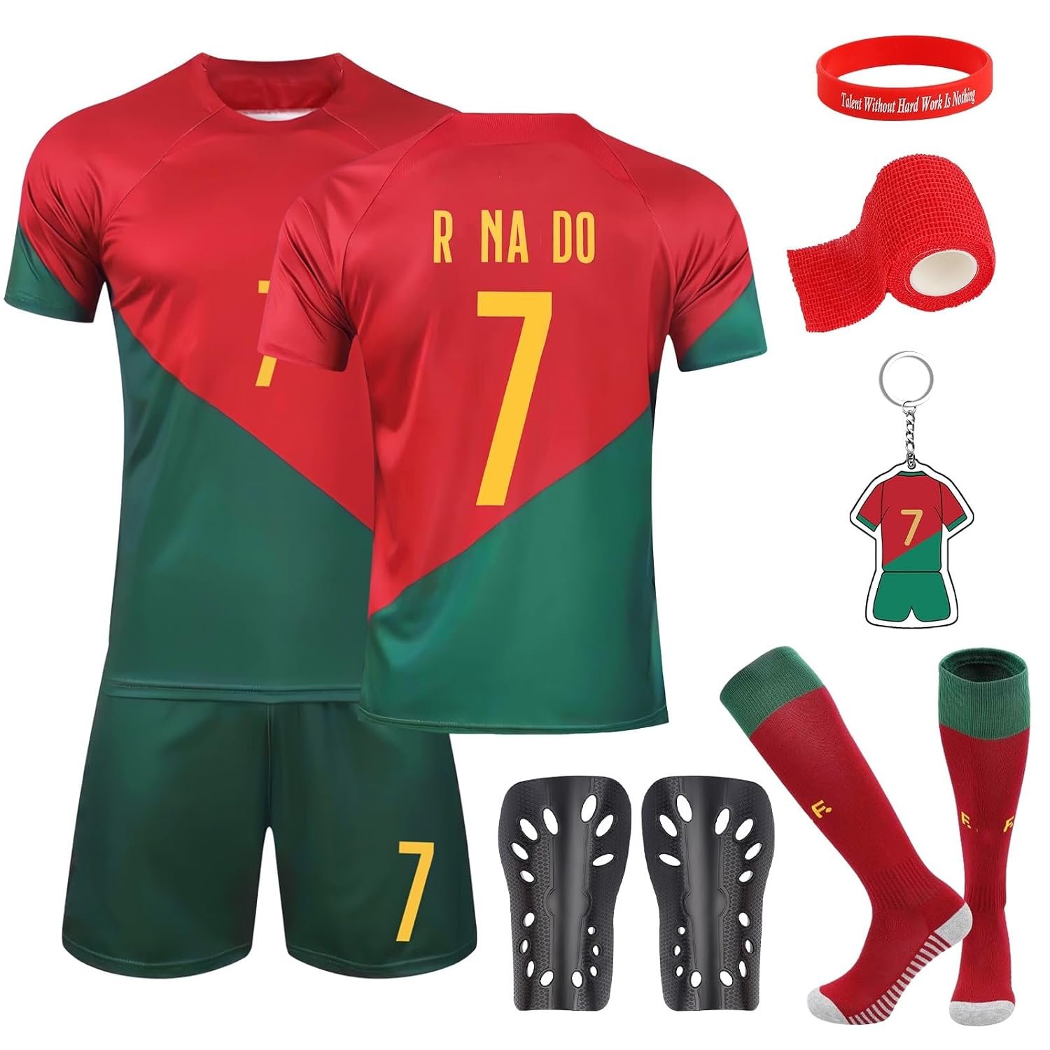 Dekewe Football Kits for Kids, No.7 Soccer Jerseys Football Kits for Kids Boys Girls, Football Training Shirts Shorts Socks Guard Plate Keychain Bracelets and Bandages, Football Kit Gift
