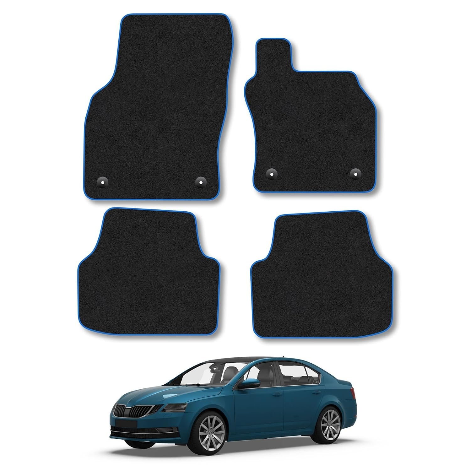 Skoda Octavia (2013-2020) Car Mats Accessories Tailored Fit Carpet Floor Mats Non Slip Blue Trim Full Coverage Compatible Accessory Granulated Backing Front Rear Set Anti Slip Hand-Finished Clips