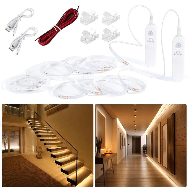 Hoobabuy LED Strip with Motion Sensor, Rechargeable Battery, LED Band Motion Sensor, Rechargeable Wardrobe Lighting, for Stairs, Baby Room, Kitchen (Warm White, 5M)