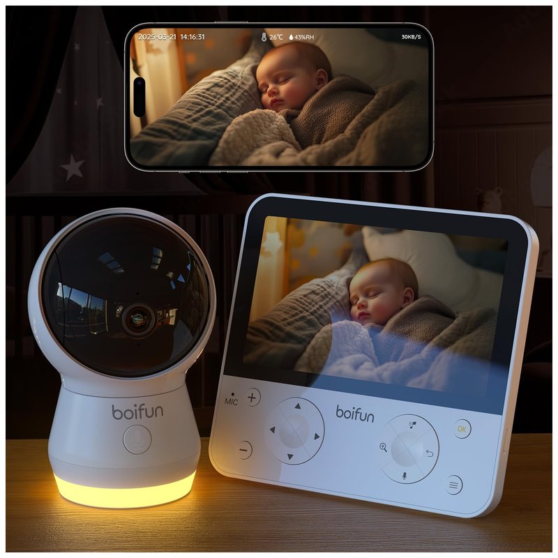 BOIFUN 2026 4MP 2.4/5Ghz WiFi Baby Monitor with Night Vision, 5.5'' Screen& App Control, Face Covering&Prone Sleeping Detection, 360° PTZ, Cry& Motion Detection, Auto-Tracking, Adjustable Night Light