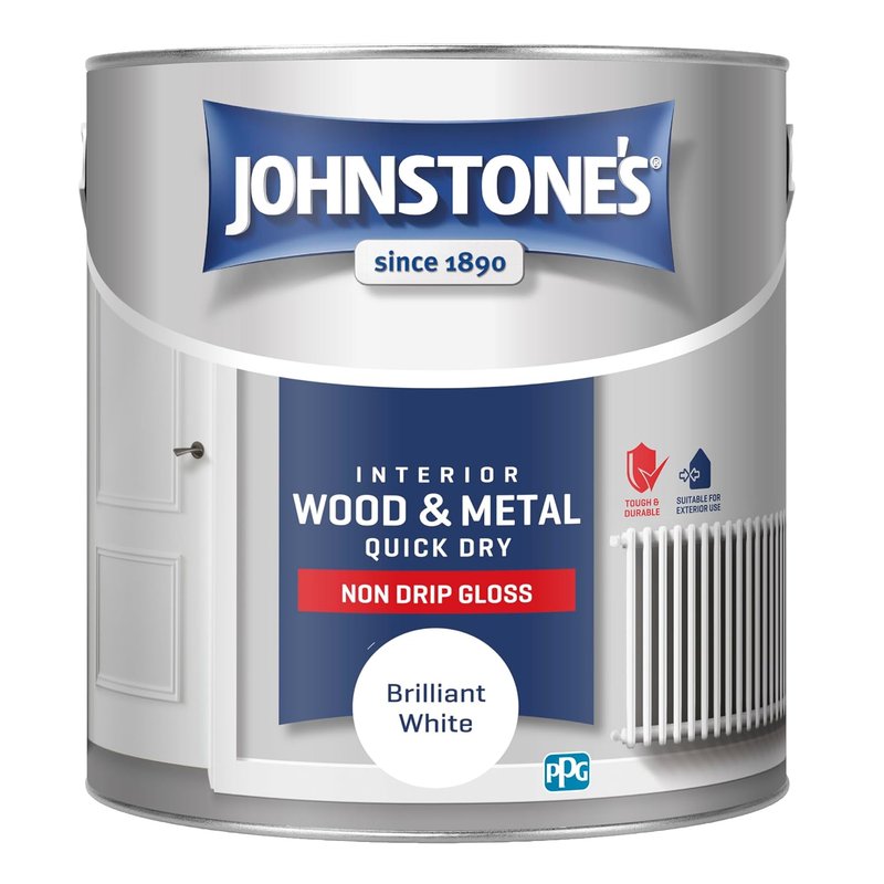 Johnstone’s - Quick Dry & Non Drip Gloss Paint for Wood & Metal - Brilliant White | Interior & Exterior | Low Odour, Water-Based Formula, Dry in 1-2 Hours | 10m2 Coverage per Litre | 2.5 L