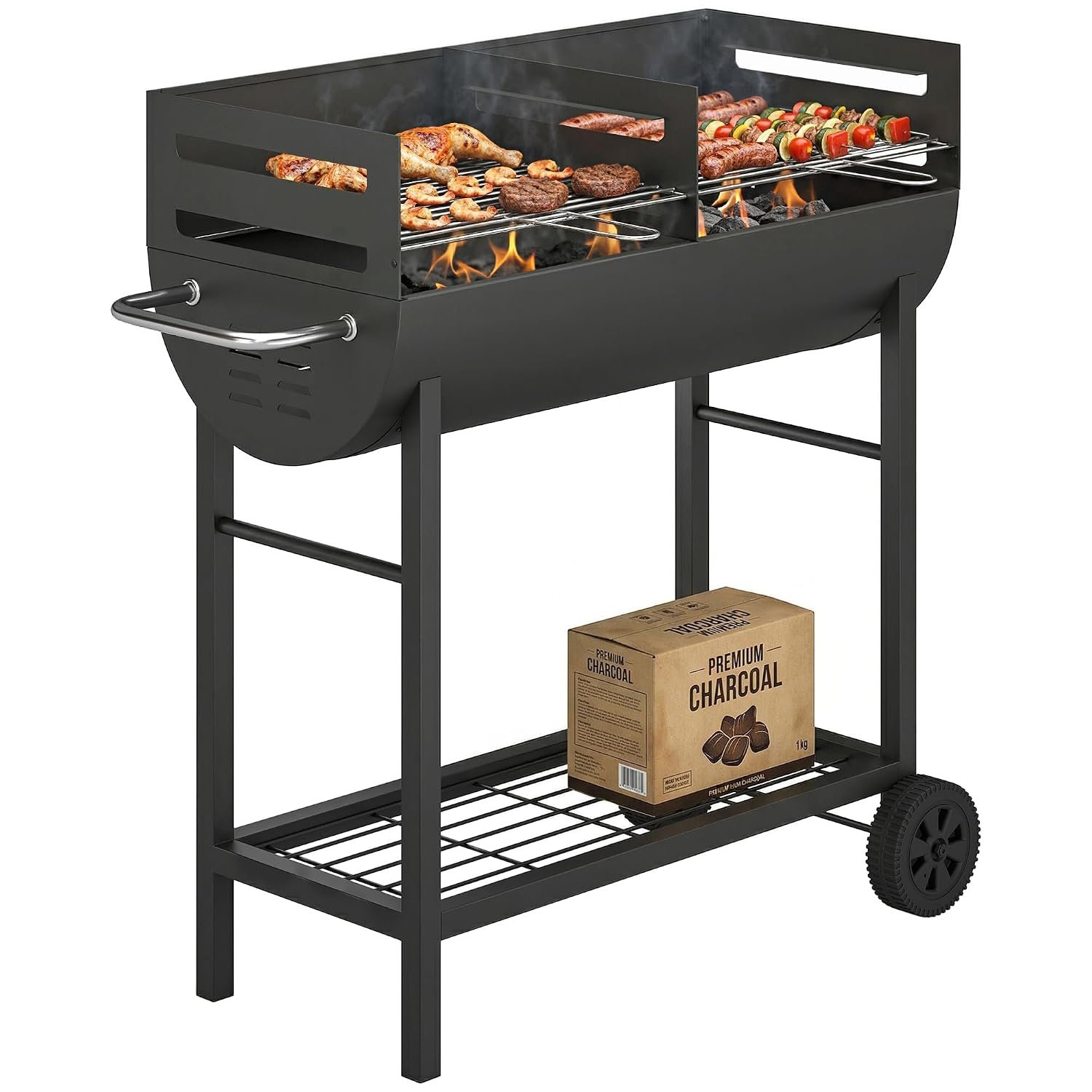 Outsunny Charcoal Barbecue Grill with 2 Cooking Areas, Portable BBQ Trolley with Wheels, Height Adjustable Grates, Side Handle, Bottom Shelf, Metal Outdoor Cooker for Garden Camping, Picnic, Party