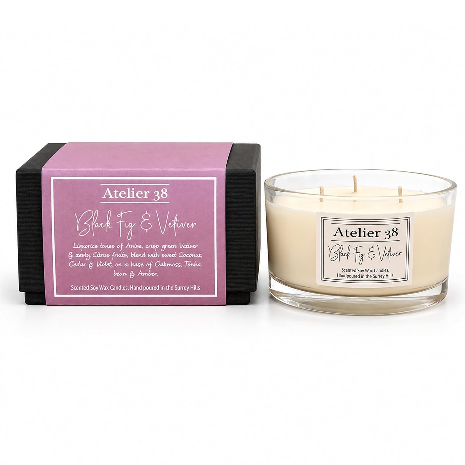 Atelier 38 Black Fig & Vetiver 3 Wick Scented Candle 400g - Luxury Soy Candle, Up to 40 Hour Burn Time, Large Candle Home Fragrance, Long Burning Candle, Housewarming Gift, Made in Surrey Hills