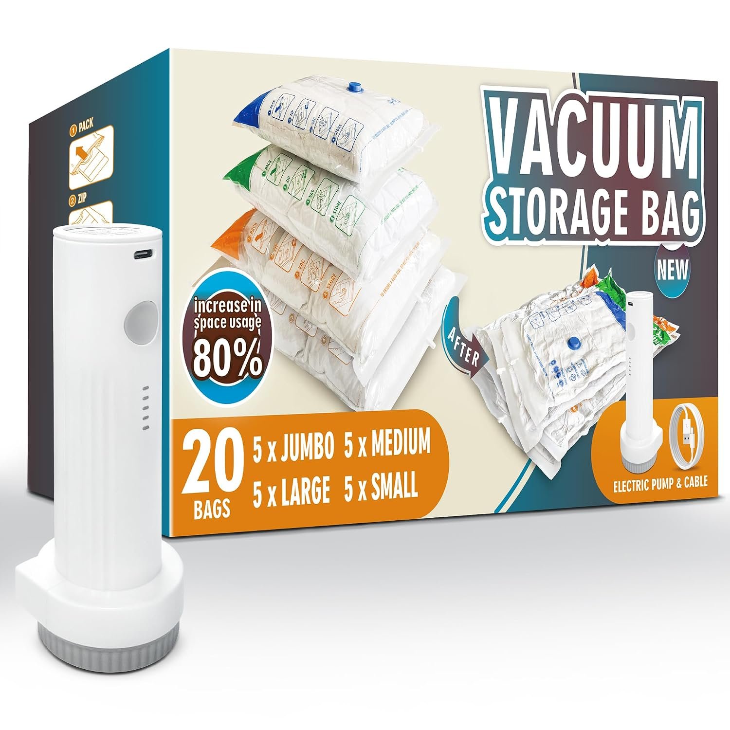 STORAGE MASTER Space Saver Bags for Travel and Home Reusable, 20 Pack Vacuum Storage Bags Save 80% More Storage Space, with Electric Air Pump