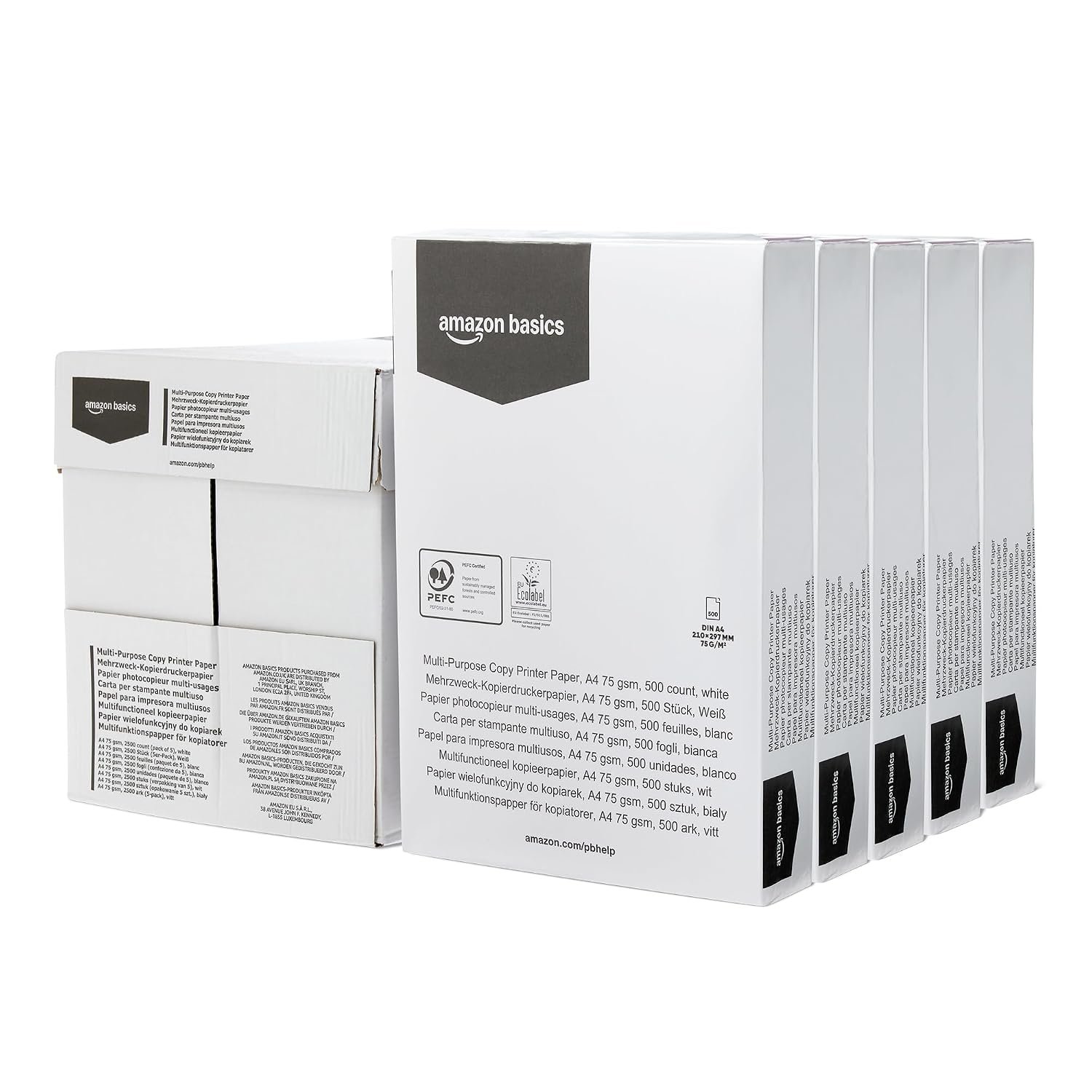 Amazon Basics Multi-Purpose Copy Printer Paper, A4 75 GSM, 2,500 Count (Pack of 5), White