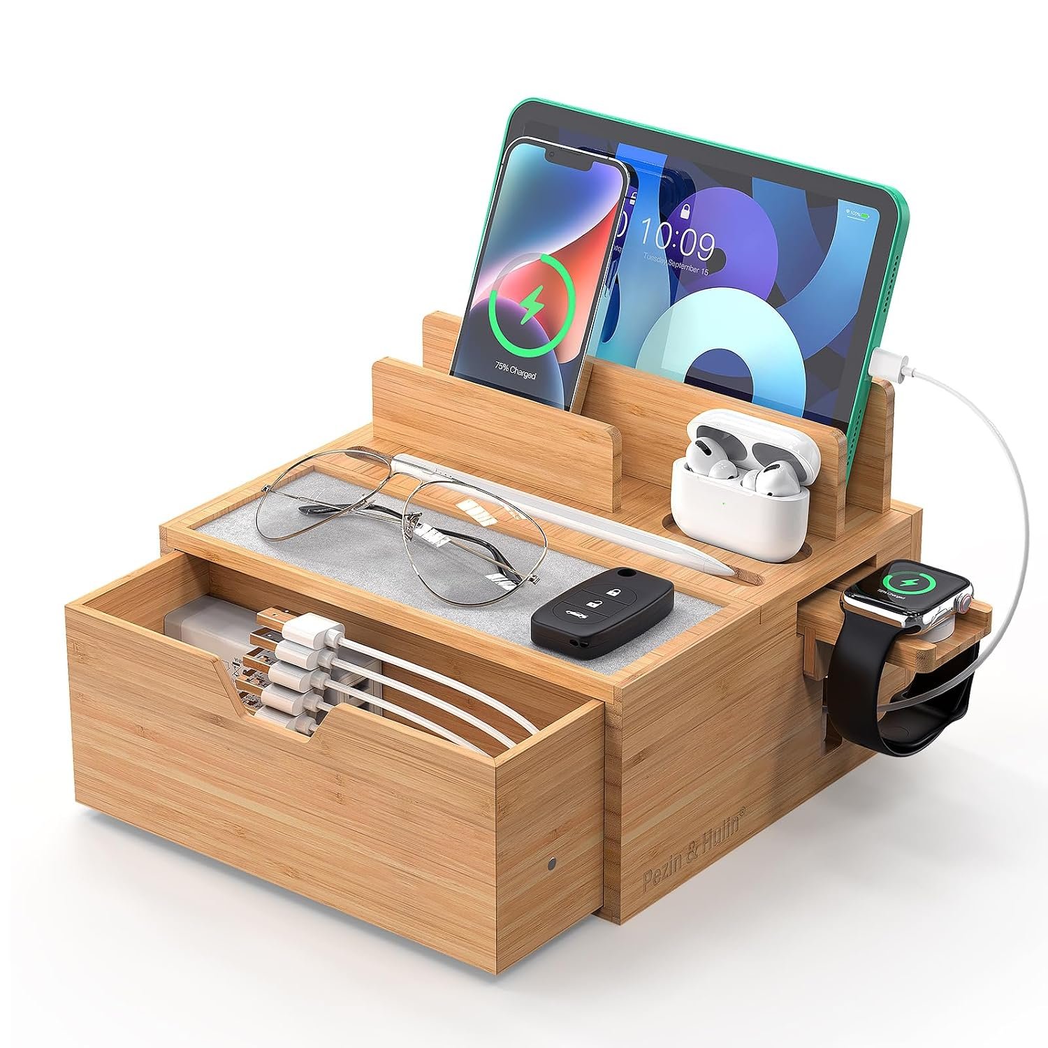 Pezin & Hulin Bamboo Charging Dock Rack, Wooden Charging Station Organizer with Lined Tray & Drawer, Desktop Dock Organizer, Compatible with Tablet, Cell Phone, Earbuds, Smartwatch