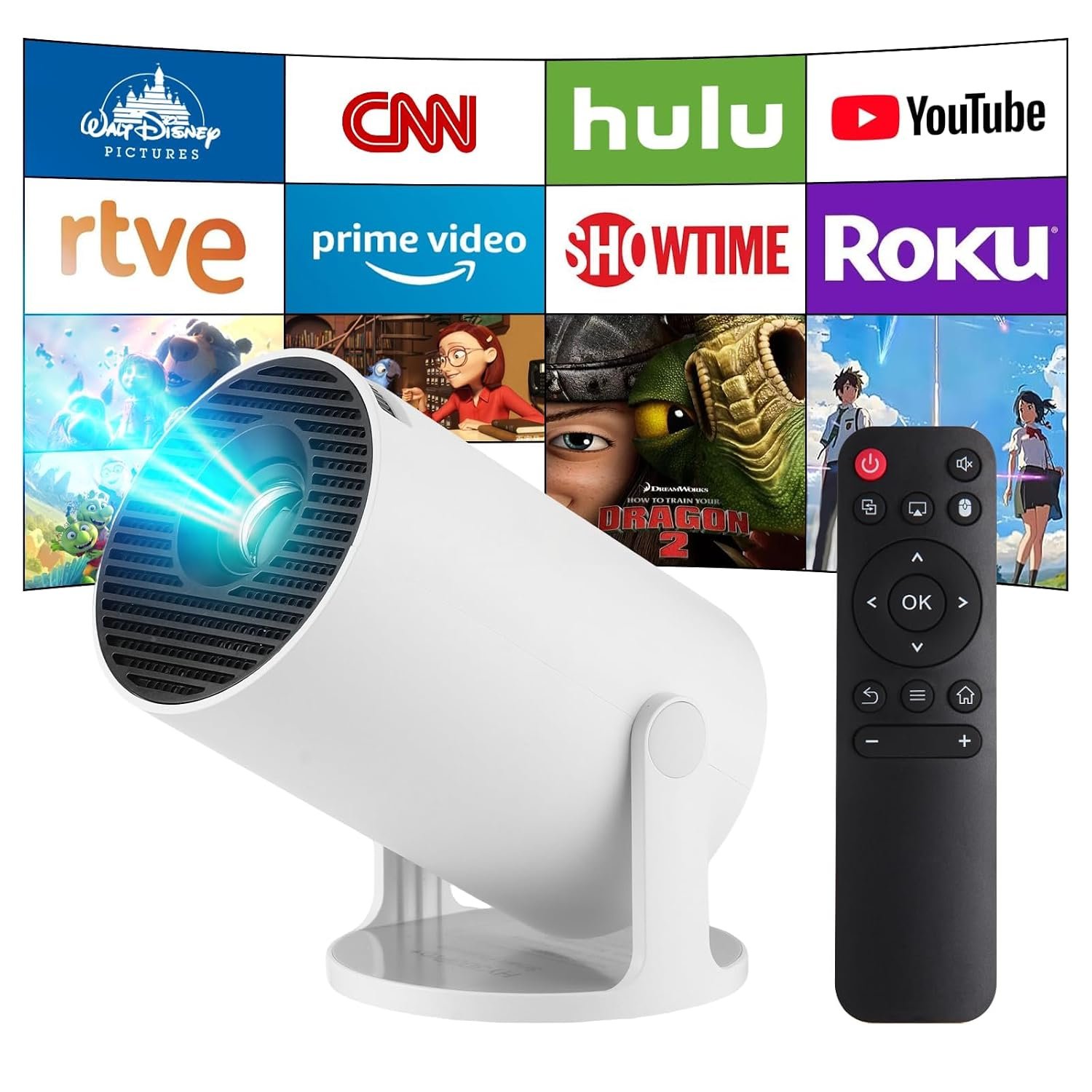 Mini Projector, HY300 PRO+ Smart 4K Portable Projector with WiFi 6, Bluetooth 5.4, Android 14, Auto Keystone, 130 Inch Display,180 Degree Rotation, for iOS/Android,Gaming & Home Cinema