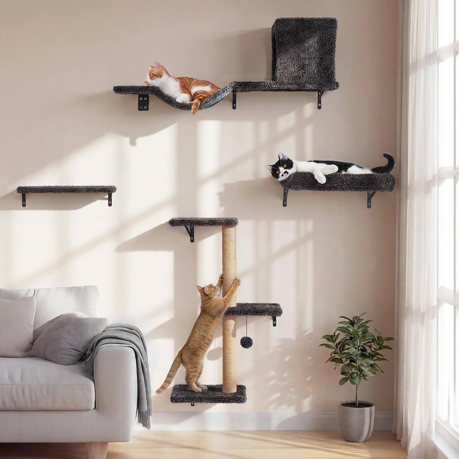 FUKUMARU Cat Shelves, 4 in 1 Large Cat Furniture Set, Wooden Climbing Wall with Scratching Post for 16 Inch Drywall - Gray
