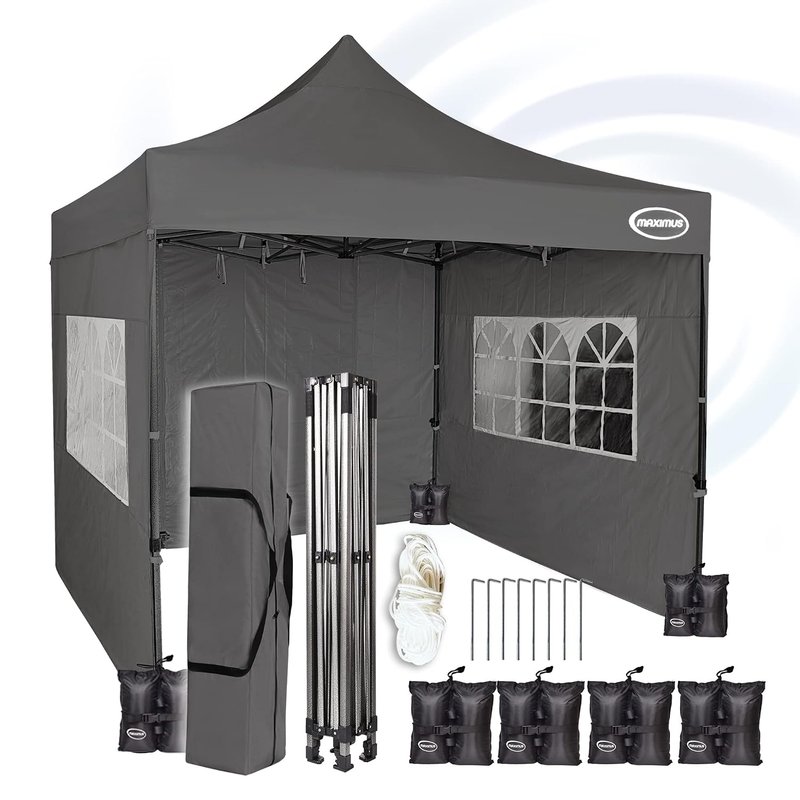 MAXIMUS HEAVY DUTY POP UP GAZEBO 3m x 3m COMMERCIAL MARKET STALL WITH 4 WEIGHT BAGS (4 Walls, Grey)